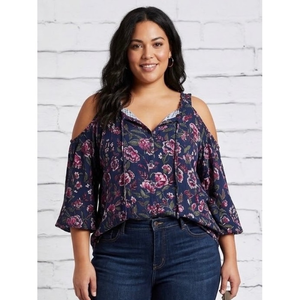 Torrid Navy Floral Cold Shoulder Button Front Tie Neck Blouse Plus Size 3 3X